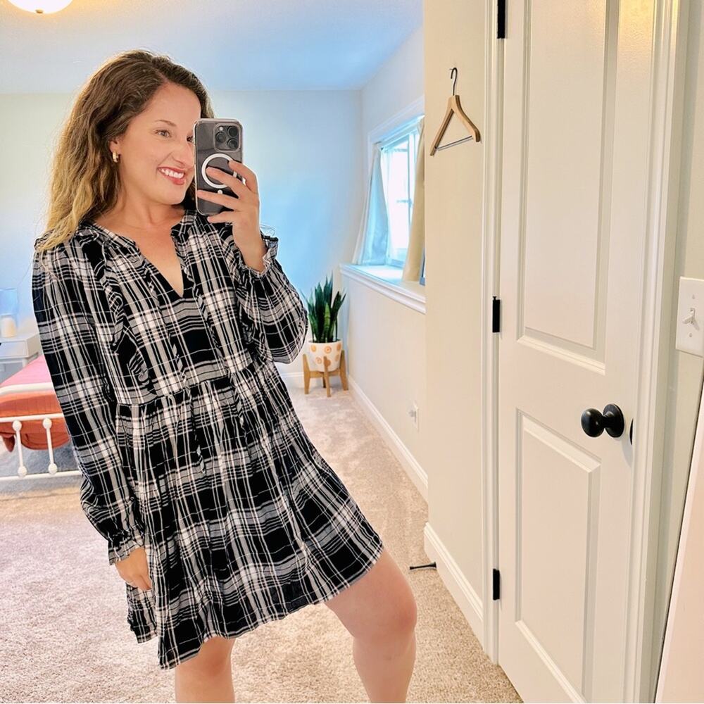 LOFT Blue Pink Plaid Long Sleeve Mini Dress XS